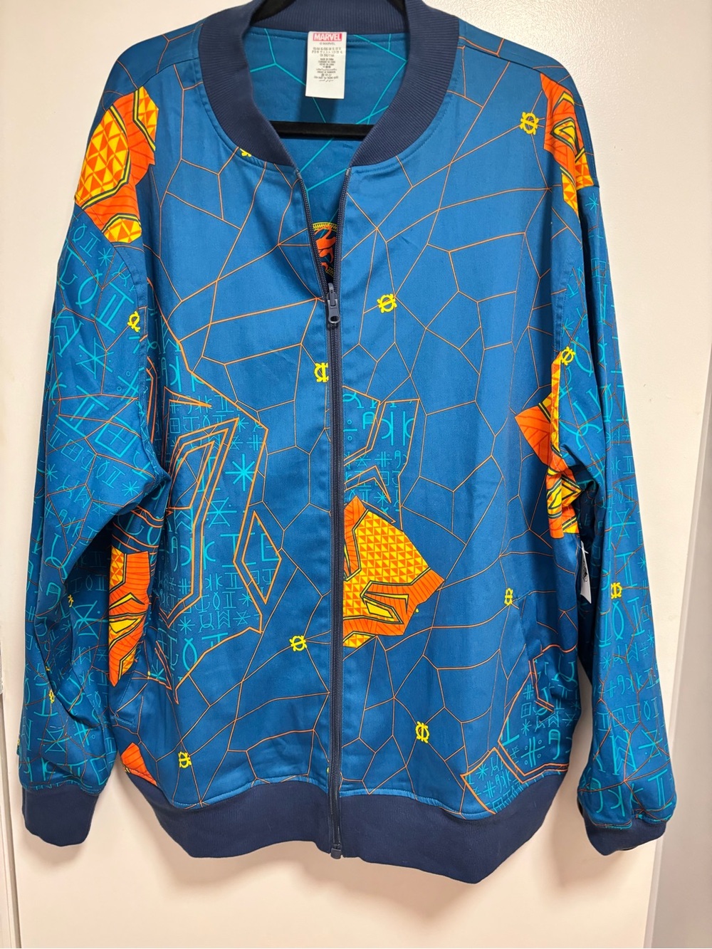 Reversible Marvel Blue Bomber Jacket with Purple Floral and Orange Chain Details - Picture 4 of 16